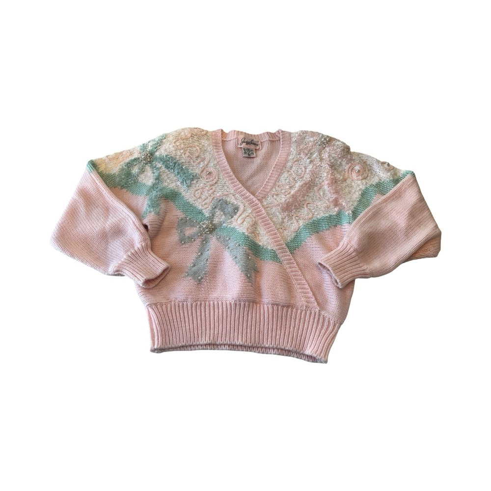 Jaclyn Smith Vintage 80s Pink Pastel Beaded Bow Sweater V-Neck‎ Embellished M